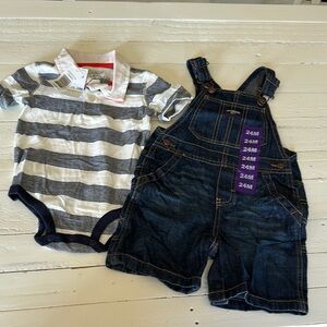 24m boys Oshkosh B’gosh matching denim overall set blue and white striped